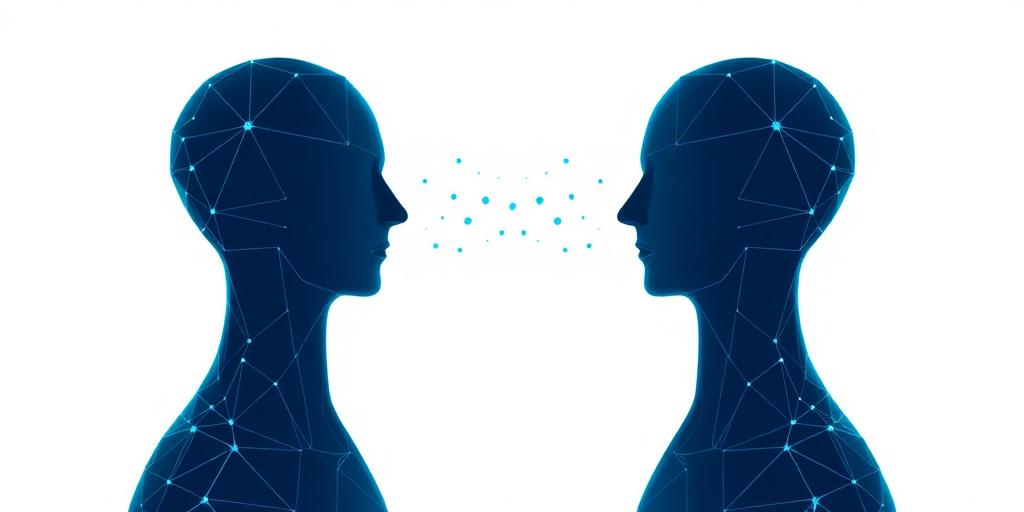 Twee silhouetten — mens en digitale kloon — verbonden via een stroom van datapunten